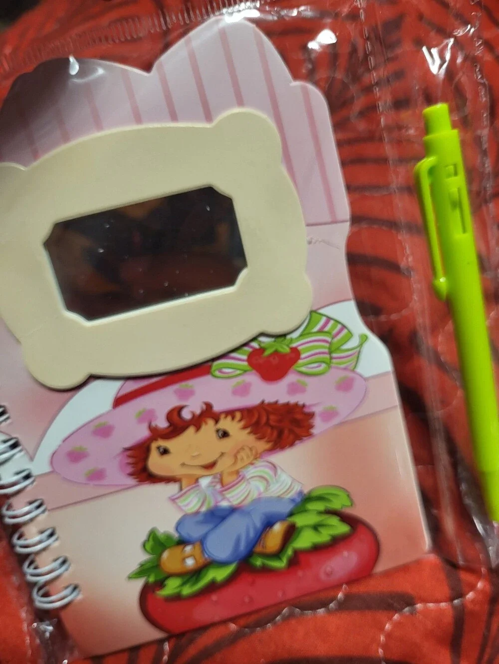 Pink Strawberry-Themed Kids Spiral Notebook with Green Pen